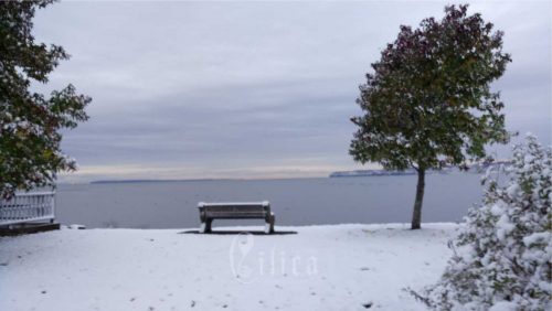 bench ocean snow view